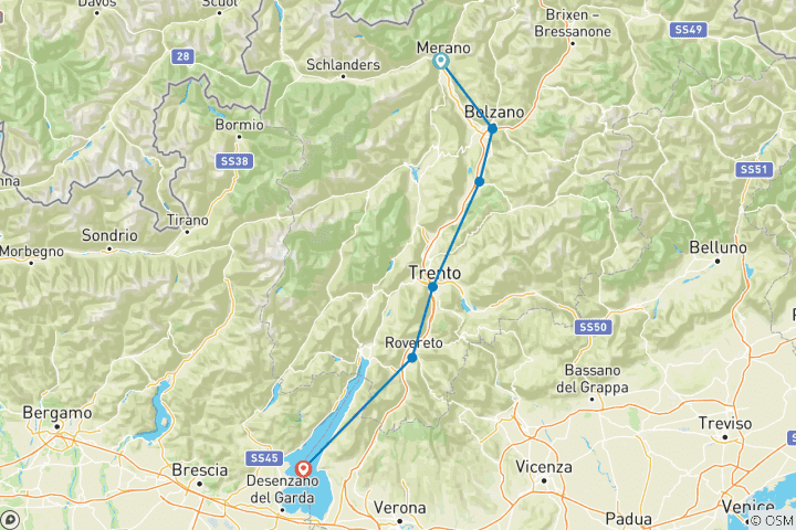 Carte du circuit Le Tyrol du Sud pour les familles : De Merano au lac de Garde.