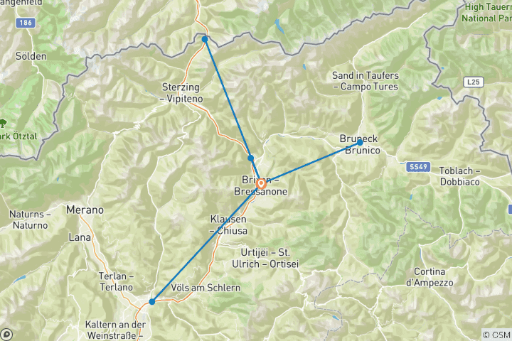 Kaart van Brixen - gebaseerd in een hotel: Fietsen in de dalen van Zuid-Tirol