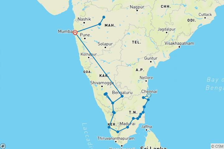 Mapa de 17 días India Drávida, viaje privado