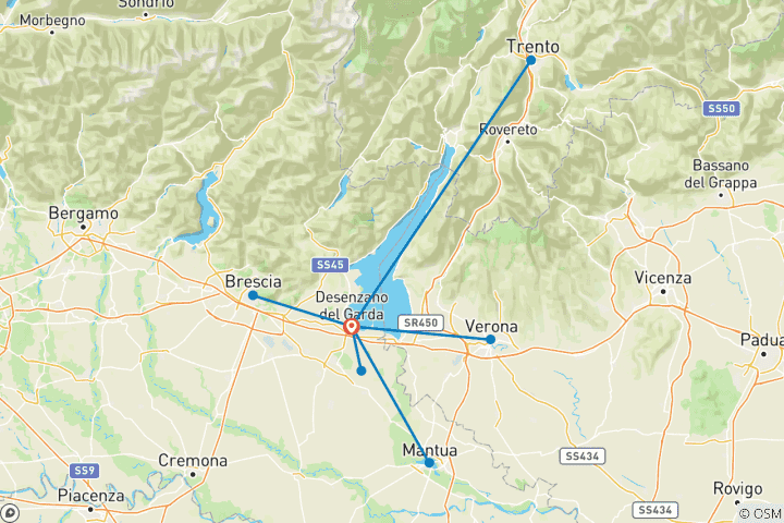 Karte von Sternfahrt Gardasee: Trient, Verona, Mantua und Brescia