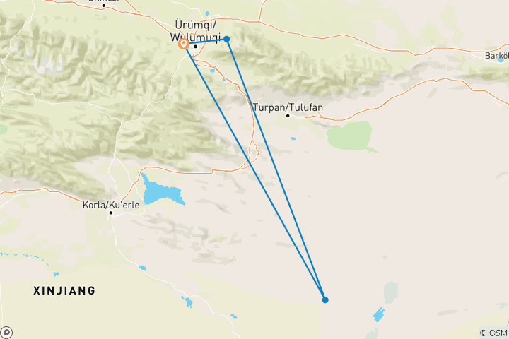 Map of Heavenly Lake, Hot Spring in  Gurbantunggut Desert and Turpan Tour from Urumqi