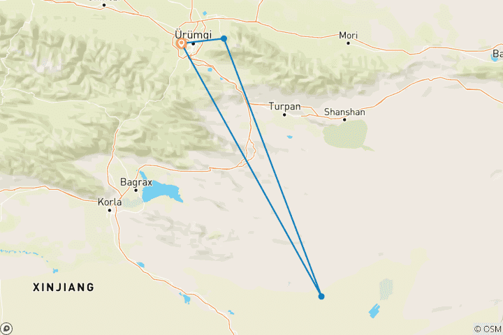 Map of Heavenly Lake, Hot Spring in  Gurbantunggut Desert and Turpan Tour from Urumqi