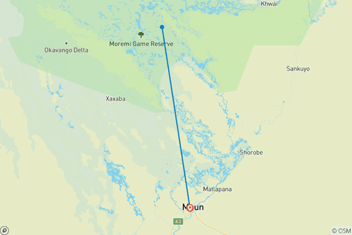 Map of 5 Days Safari tour itinerary for Maun & Moremi game reserve: Play With The Wilderness Of Okavango Game Reserve-Botswana