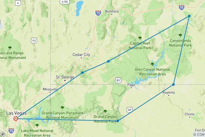 Carte du circuit USA Arches Canyonlands Antelope Zion Bryce Grand Canyon - 8 jours