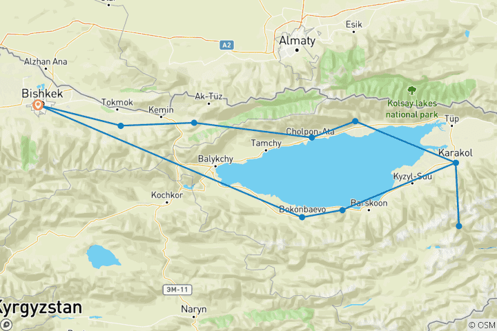 Carte du circuit 9 jours de vacances sur mesure en famille au Kirghizistan, départ quotidien et guide privé