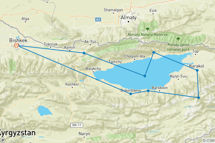 Carte du circuit Vacances privées sur mesure au Kirghizistan avec départ quotidien