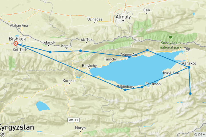 Map of 9 Days Tailor-Made Best Kyrgyzstan Family Holiday, Daily Start & Private Guide