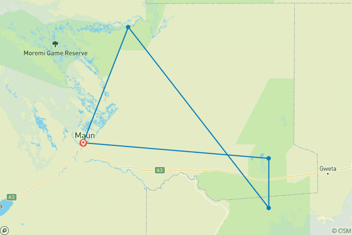 Mapa de Itinerario de safari de 8 días por el Parque Nacional de Makgadikgadi Pan, Maun y Nxai Pan: Únete al Lado salvaje de Botsuana