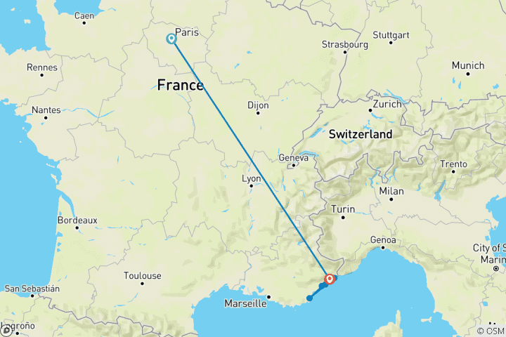 Carte du circuit Paris et la Côte d'Azur