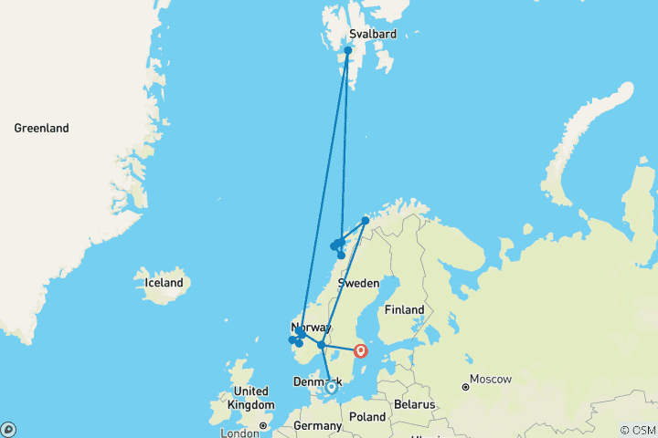 Carte du circuit Aventure scandinave complète : Copenhague, Balestrand, Flam, Bergen, Odda, Longyearbyen, Bodo, Moskenes, Kabelvag, Lofoten, Tromso, Oslo, Stockholm