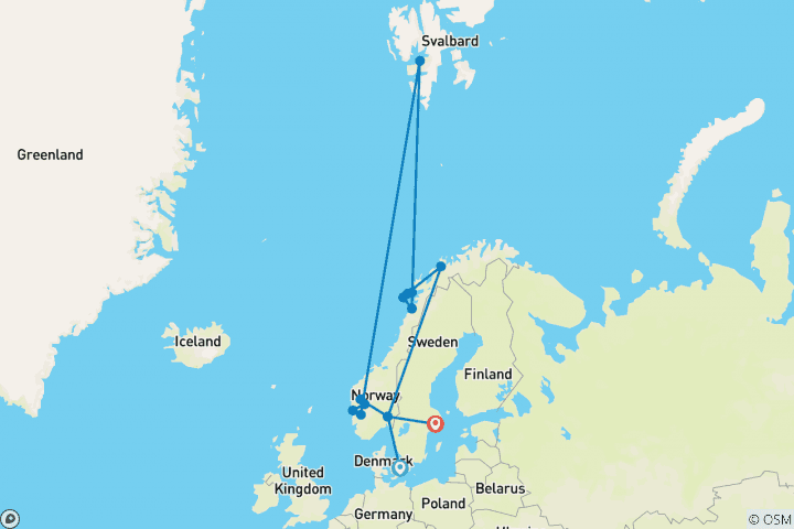 Map of Complete Scandinavian Adventure: Copenhagen, Balestrand, Flam, Bergen, Odda, Longyearbyen, Bodo, Moskenes, Kabelvag, Lofoten, Tromso, Oslo, Stockholm