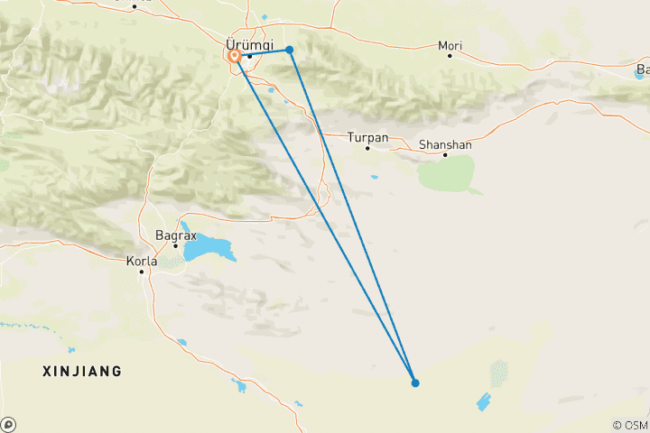 Map of Heavenly Lake and Turpan Cultural Tour from Urumqi 5 Days