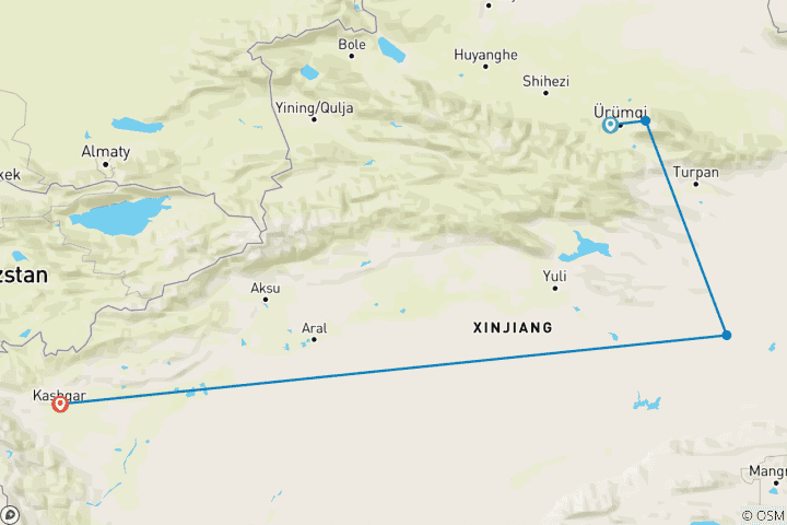 Map of Discover Xinjiang 7-Day Tour: Urumqi, Tianchi, Turpan and Kashgar