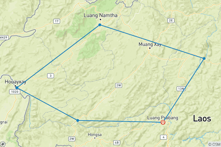 Carte du circuit Trekking sur mesure de 10 jours dans le nord du Laos, avec guide et voiture privés