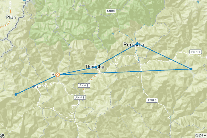 Carte du circuit Trekking sur mesure au Bhoutan avec départ quotidien et guide privé