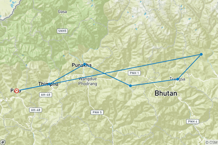 Map of Customized Western & Central Bhutan Vacation with Daily Departure