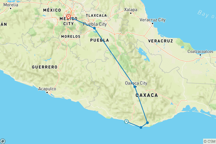 Carte du circuit Visite de Puerto Escondido : Découvrez les merveilles mexicaines de Mazunte à Oaxaca