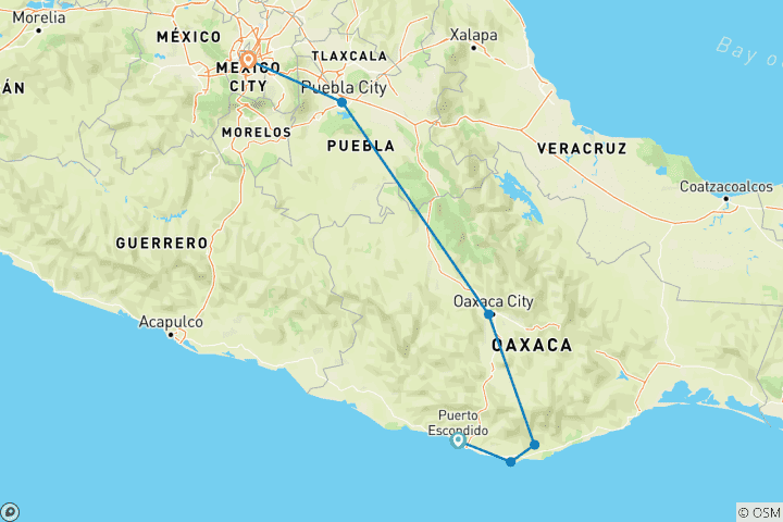 Carte du circuit Visite de Puerto Escondido : Découvrez les merveilles mexicaines de Mazunte à Oaxaca