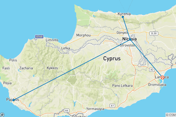 Kaart van 6 Dagen Best Privé Cyprus Tour op maat, dagelijks vertrek (privégids & chauffeur)