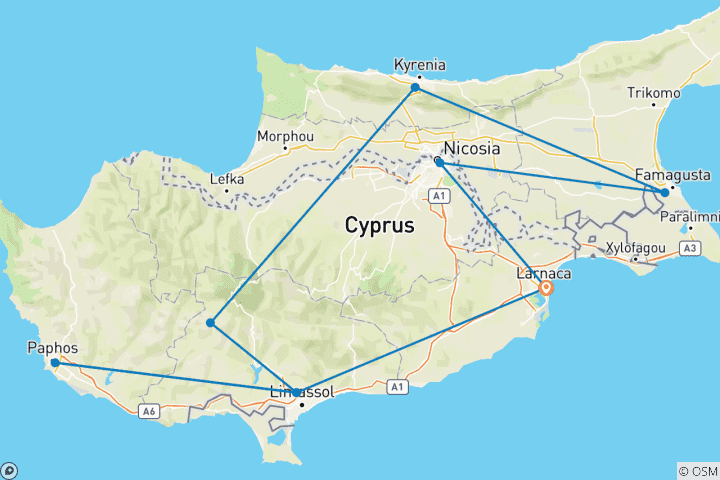 Kaart van 7 Dagen Aangepaste Klassieke Cyprus Rondreis voor het hele gezin, dagelijkse start & privégids en chauffeur