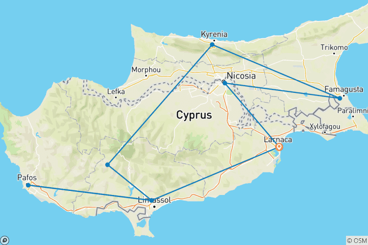 Mapa de 7 días de circuito por Chipre a medida, salida diaria y guía privado