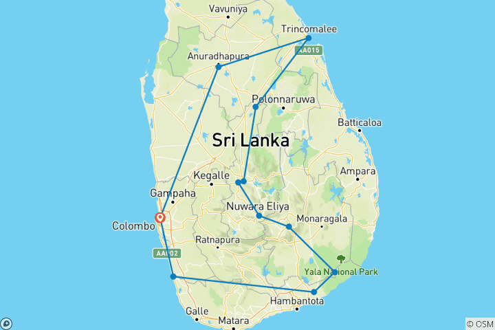 Carte du circuit Aventure personnalisée de 2 semaines au Sri Lanka, départ quotidien et guide privé