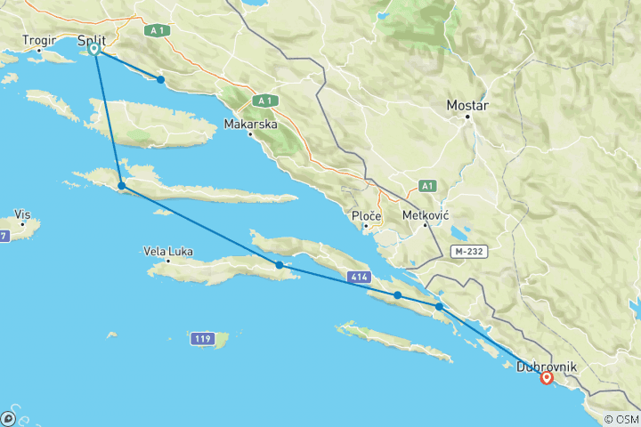 Map of Multi-Adventure Tour Along the Croatian Coast