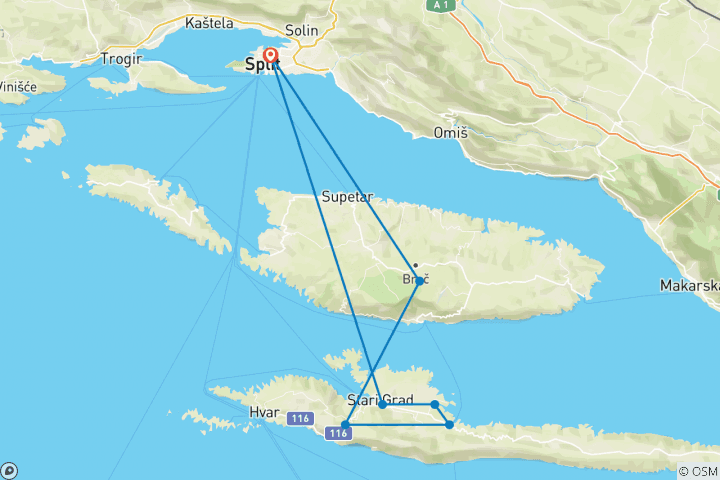 Karte von Radfahren an der Küste und den Inselns Dalmatiens