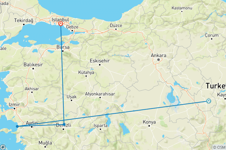 Carte du circuit Cappodocia, Ephèse et Pamukkale - Privé - 4 jours