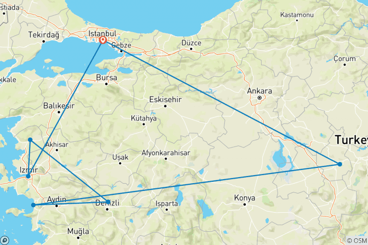 Mapa de Circuito privado de 10 días por Turquía