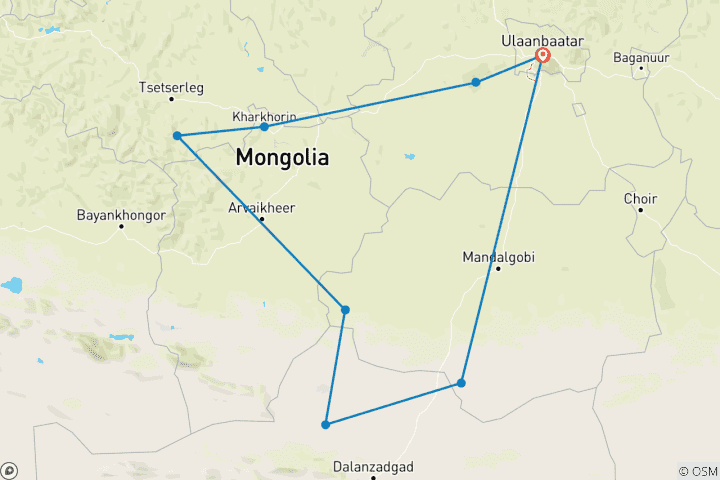 Carte du circuit Circuit sur mesure en Mongolie avec guide et chauffeur privés