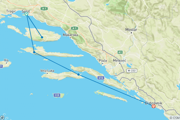 Map of Walk and hike from Split to Dubrovnik