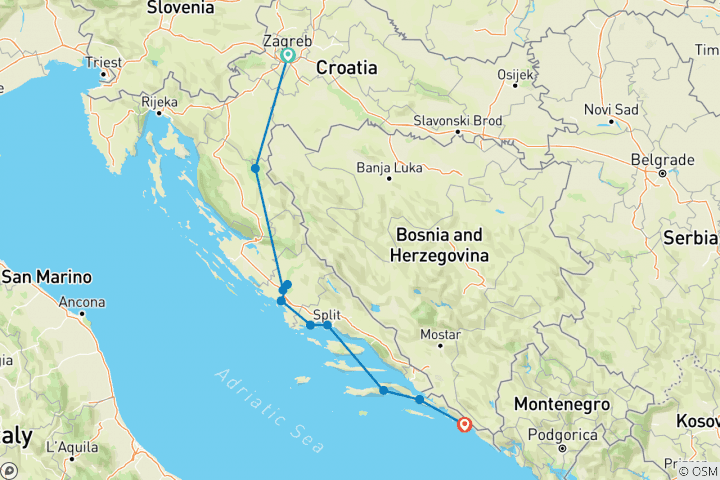 Karte von Das Beste aus Kroatien - Flug und Fahrt, Nationalpark, Kultur und Inseln Dalmatiens