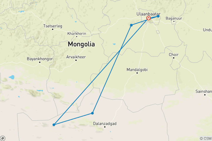 Carte du circuit Safari personnalisé de 8 jours dans le désert de Gobi en Mongolie avec guide et chauffeur privés