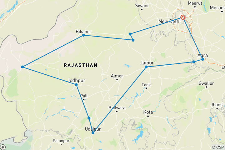 Kaart van India: Hoogtepunten van Rajasthan