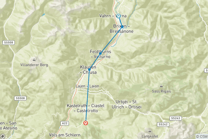 Carte du circuit Tyrol du Sud : randonnée dans la vallée d'Isarco