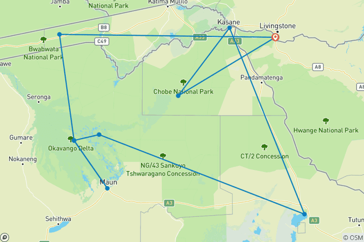 Map of Zimbabwe, Namibia & Botswana: Highlights with Caprivi & Victoria Falls
