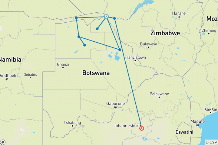 Map of Zimbabwe, Namibia & Botswana: Highlights with Caprivi & Victoria Falls