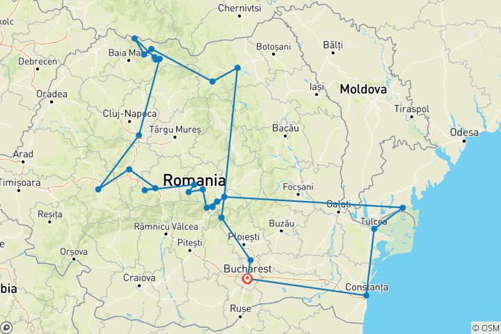 Kaart van Prive 15-daagse rondreis Donau Delta, Transsylvanië, Maramures en Bucovina met ophalen en wegbrengen van hotel