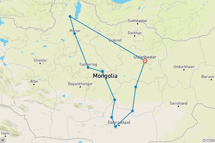 Map of Customized 2 Weeks Mongolia Vacation with Private Guide and Driver
