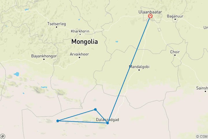 Map of Customized 4-day Mongolia Gobi Desert Tour with Private Guide & Driver