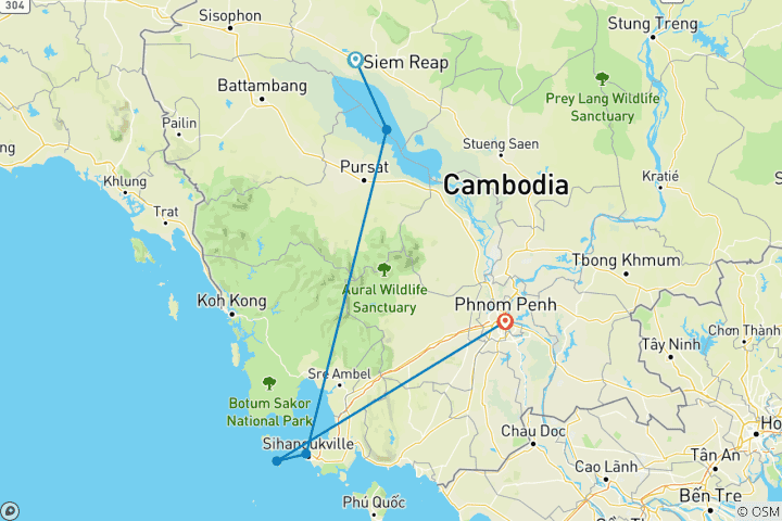 Carte du circuit Voyage de noces privé sur mesure au Cambodge, départ quotidien