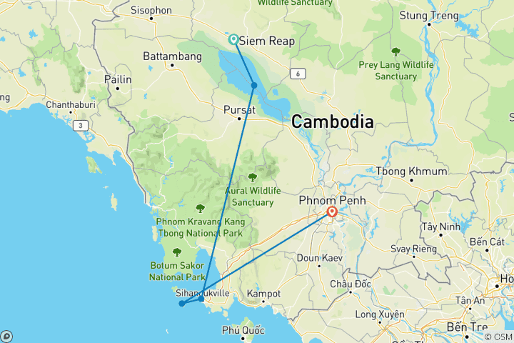 Carte du circuit Voyage de noces sur mesure de 7 jours au Cambodge, itinéraire flexible et guide privé