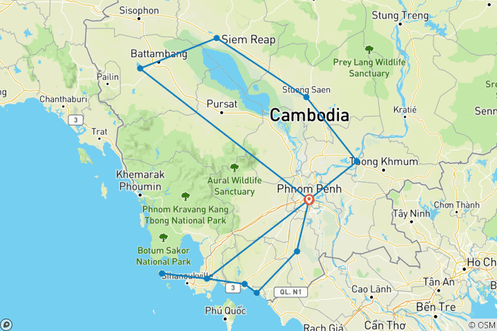 Map of Tailor-Made 15 Days Cambodia Family Adventure, Daily Depart