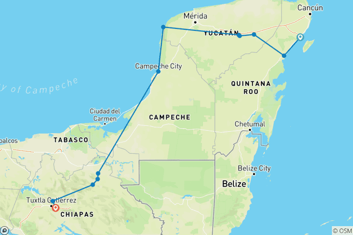 Carte du circuit Circuit de la Route des Mayas : Impressionnante Riviera Maya, ruines et canyon