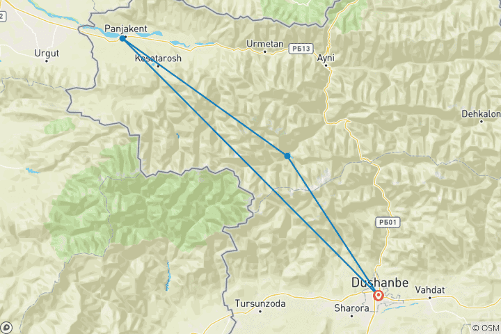 Carte du circuit Aventure privée sur mesure de 8 jours au Tadjikistan dans les montagnes de Fann, départ quotidien