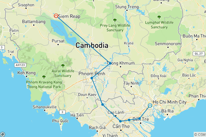 Carte du circuit Aventure personnalisée au Vietnam et au Cambodge avec départ quotidien