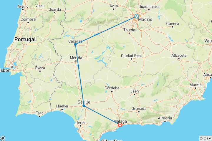 Carte du circuit Caceres, Séville et la Costa del Sol