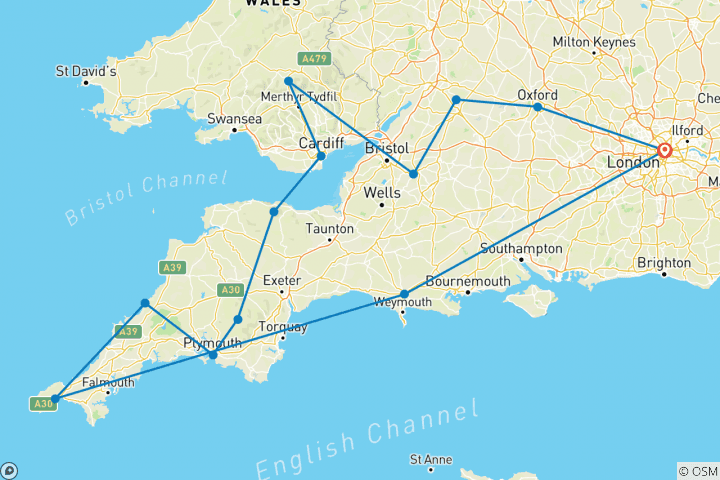 Karte von Rundreise auf den Landstraßen von Wales, Devon & Cornwall - kleine Gruppen (11 Tage) (13 Destinationen)