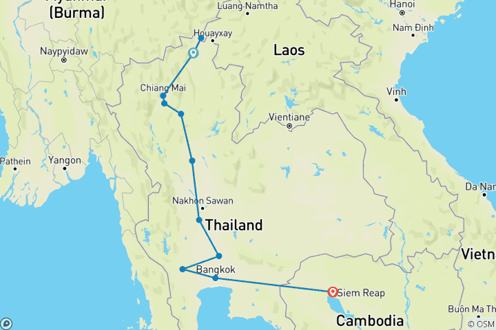 Carte du circuit Grand tour de Thaïlande et forfait Cambodge, circuit privé - multi- pays